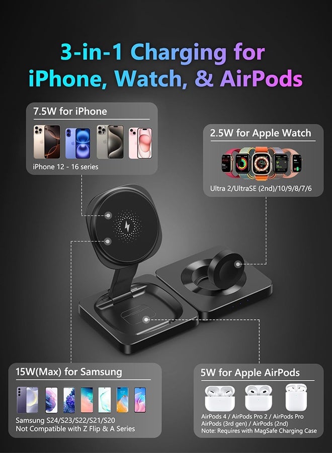 SUNDAREE محطة شحن سفر عصرية 3 في 1 لأجهزة Apple، حامل شاحن لاسلكي مغناطيسي قابل للطي متوافق مع MagSafe، لوحة شحن لاسلكية سريعة لأجهزة iPhone 16/15/14/13/12 وAirPods وApple Watch - Image 3
