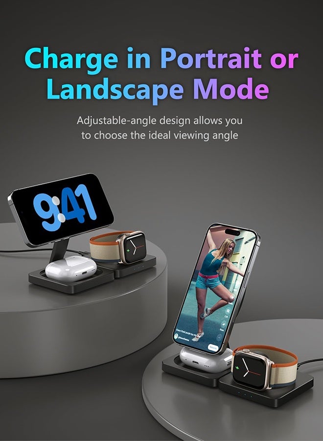 SUNDAREE محطة شحن سفر عصرية 3 في 1 لأجهزة Apple، حامل شاحن لاسلكي مغناطيسي قابل للطي متوافق مع MagSafe، لوحة شحن لاسلكية سريعة لأجهزة iPhone 16/15/14/13/12 وAirPods وApple Watch - Image 4