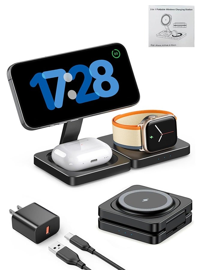 SUNDAREE محطة شحن سفر عصرية 3 في 1 لأجهزة Apple، حامل شاحن لاسلكي مغناطيسي قابل للطي متوافق مع MagSafe، لوحة شحن لاسلكية سريعة لأجهزة iPhone 16/15/14/13/12 وAirPods وApple Watch - Image 1