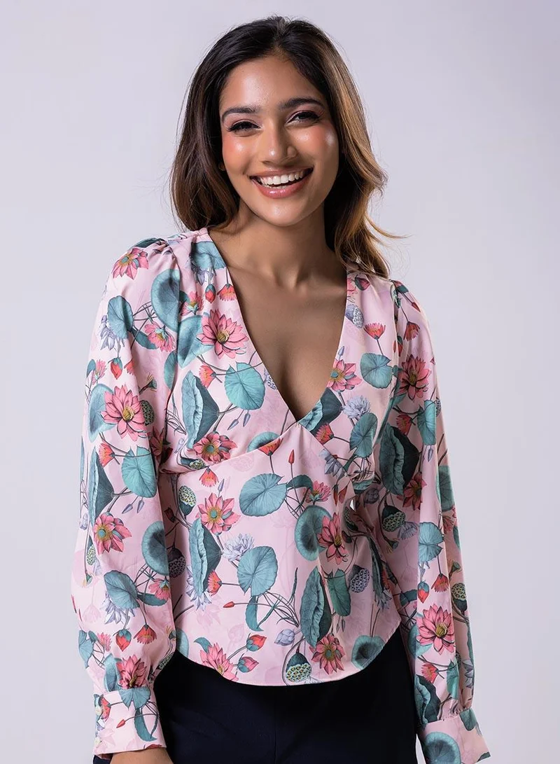 Long Sleeve V Neck Chiffon Printed Top