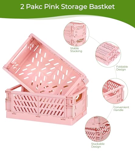 HUUSMOT 4Pack Small Pastel Plastic Storage Baskets Collapsible Crates for Organizing SpaceSaving Mini Bins for Classroom Kitchen Office Bedroom Pink 98 x 65 x 38 - Image 3