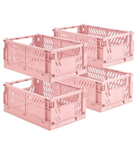 HUUSMOT 4Pack Small Pastel Plastic Storage Baskets Collapsible Crates for Organizing SpaceSaving Mini Bins for Classroom Kitchen Office Bedroom Pink 98 x 65 x 38 - Image 1