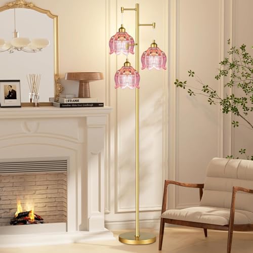ILLMTW Glass Floor Lamp for Living Room,Bedroom,Gold Flower Mid Century Modern Standing Lamp Brass Tree 3 Light Tall Floor Lamps Vintage Floor Lights Pink Lamp Shade Farmhouse Boho Bohemian - Image 3