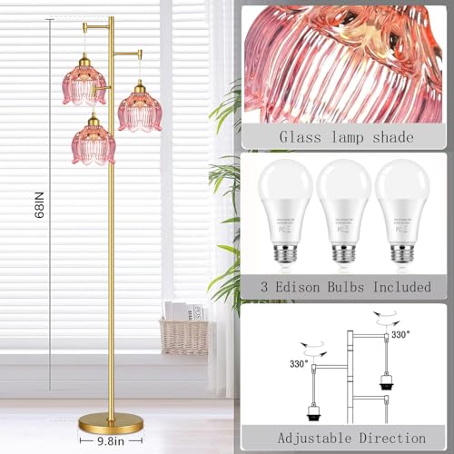ILLMTW Glass Floor Lamp for Living Room,Bedroom,Gold Flower Mid Century Modern Standing Lamp Brass Tree 3 Light Tall Floor Lamps Vintage Floor Lights Pink Lamp Shade Farmhouse Boho Bohemian - Image 5
