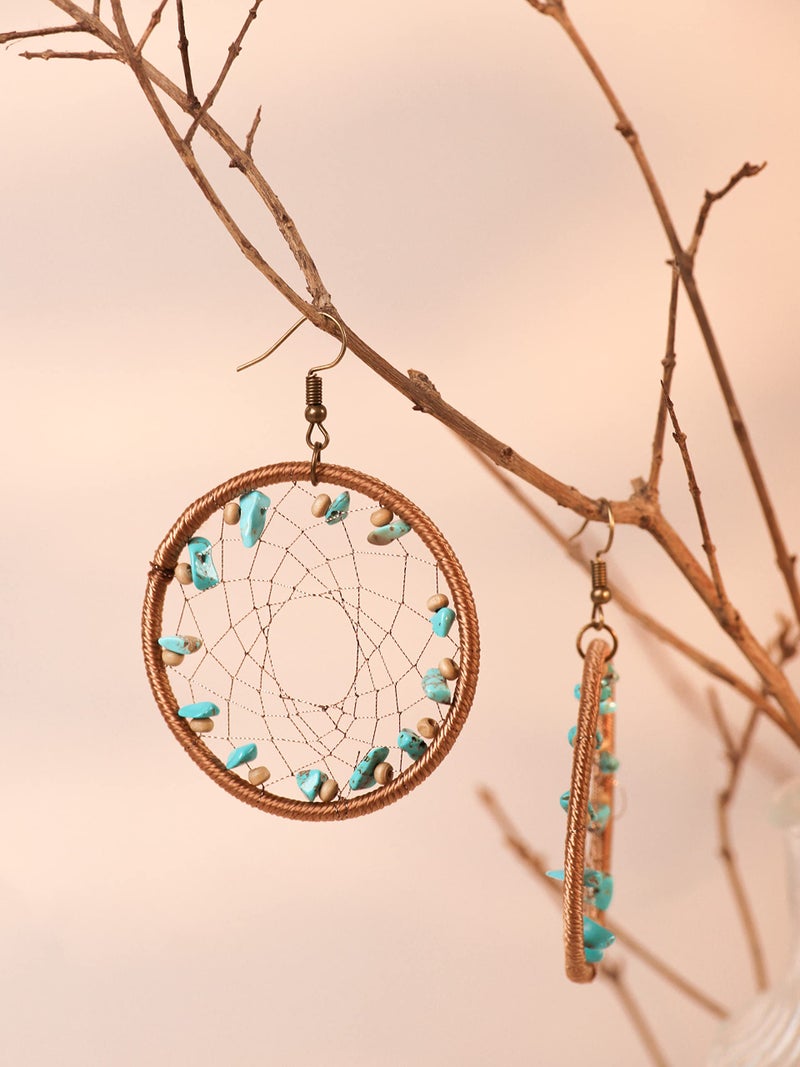 MINACHI Boho Vintage Ethnic Created Turquoise Bead Dreamcatcher Pendant Earrings, Bohemian Hippie Jewelry Gift for Women - Image 3