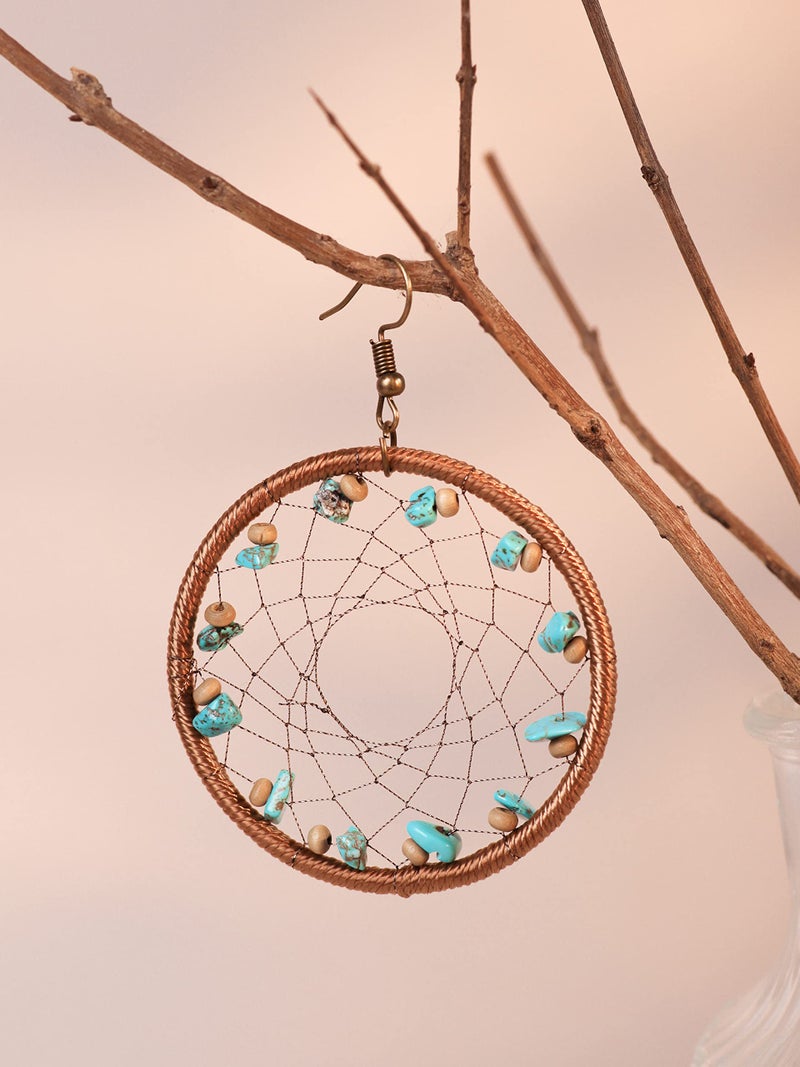 MINACHI Boho Vintage Ethnic Created Turquoise Bead Dreamcatcher Pendant Earrings, Bohemian Hippie Jewelry Gift for Women - Image 2