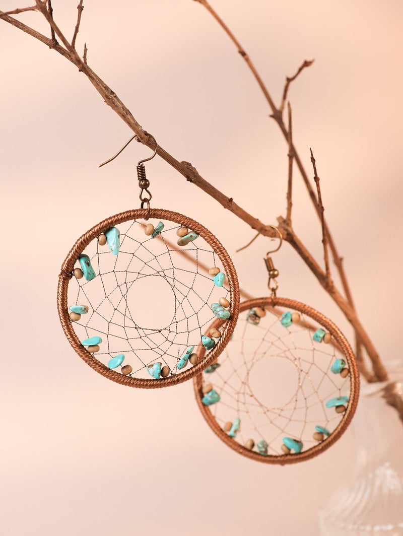 MINACHI Boho Vintage Ethnic Created Turquoise Bead Dreamcatcher Pendant Earrings, Bohemian Hippie Jewelry Gift for Women - Image 4