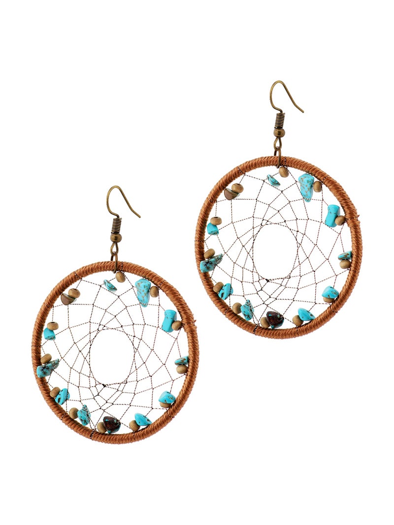 MINACHI Boho Vintage Ethnic Created Turquoise Bead Dreamcatcher Pendant Earrings, Bohemian Hippie Jewelry Gift for Women - Image 1