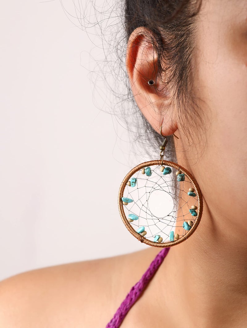 MINACHI Boho Vintage Ethnic Created Turquoise Bead Dreamcatcher Pendant Earrings, Bohemian Hippie Jewelry Gift for Women - Image 5