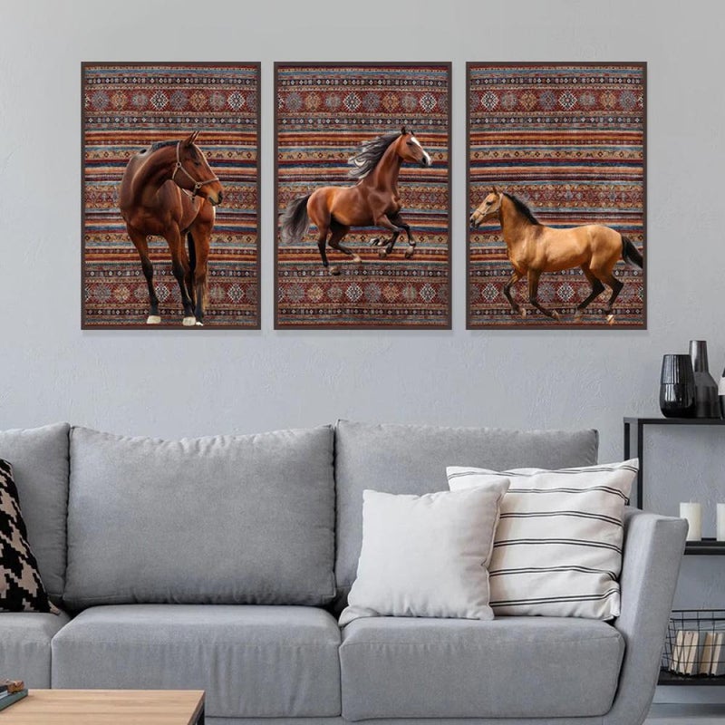 Marktna Three canvas paintings with a horse design and a hollow frame, measuring (150×70), three pieces - Image 3