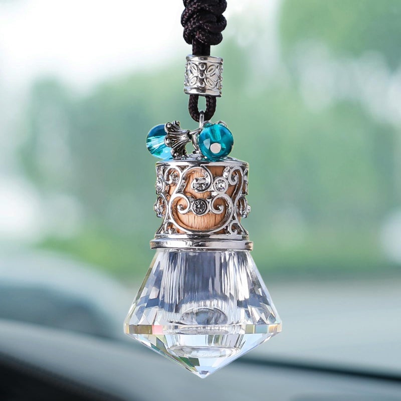Motaney Car Air Freshener Diffuser Hanging Ornament, Diamond-Shaped Empty Crystal Bottle Car Mirror Hanging Accessories, Elegant Bottle Pendant with Wooden Caps Rear View Mirror Accessories - Image 1