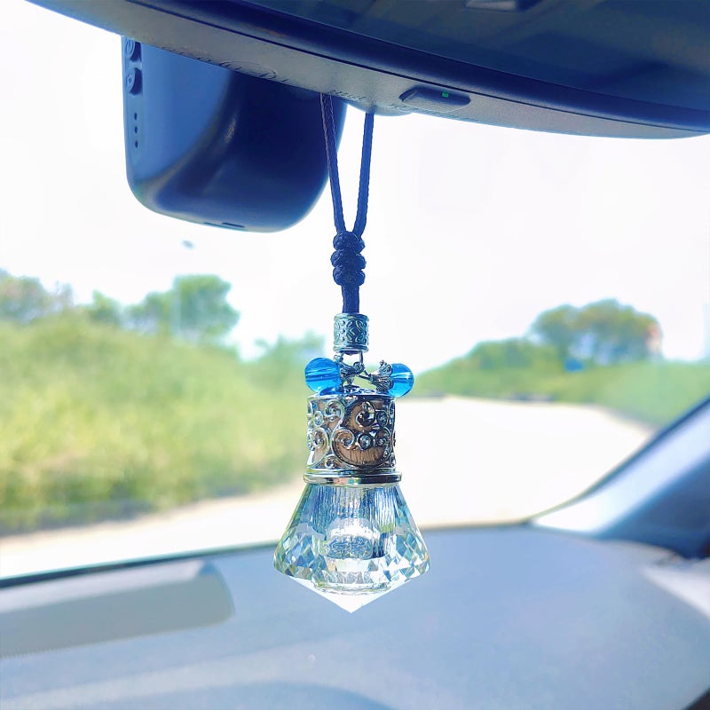 Motaney Car Air Freshener Diffuser Hanging Ornament, Diamond-Shaped Empty Crystal Bottle Car Mirror Hanging Accessories, Elegant Bottle Pendant with Wooden Caps Rear View Mirror Accessories - Image 3