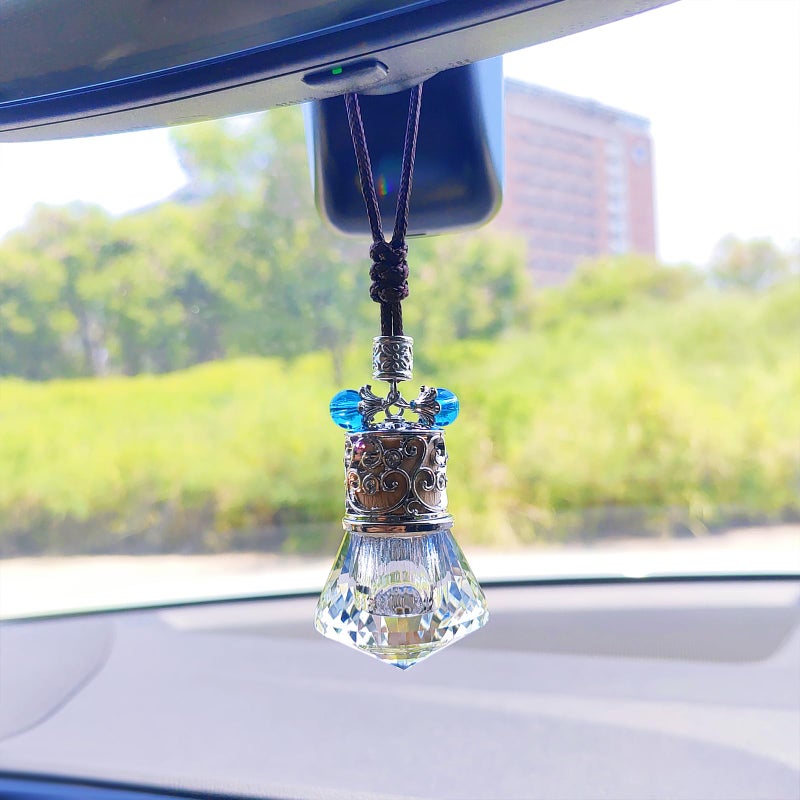 Motaney Car Air Freshener Diffuser Hanging Ornament, Diamond-Shaped Empty Crystal Bottle Car Mirror Hanging Accessories, Elegant Bottle Pendant with Wooden Caps Rear View Mirror Accessories - Image 4