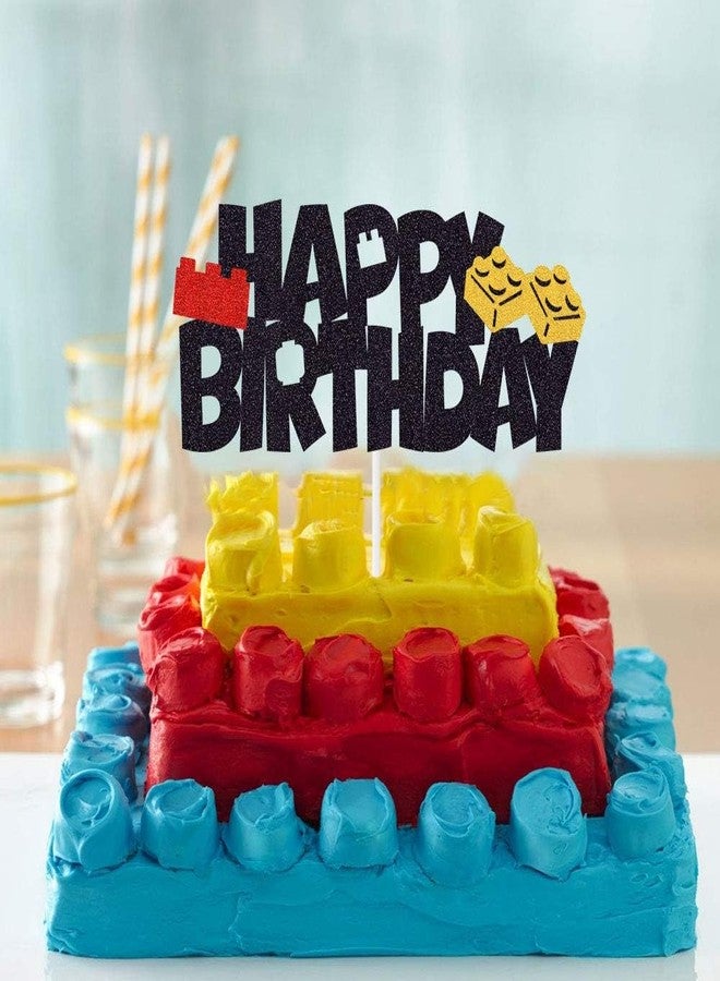 Marwey Building Blocks Cake Topper - Double-Sided Glitter Happy Birthday Cake Decoration for Children or Adults - Image 4