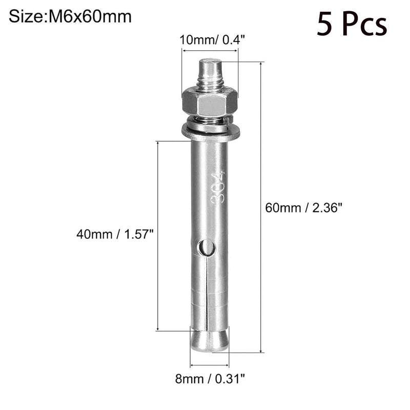 SDY 5 Pcs M6 x 60mm 304 Stainless Steel Expansion Bolt External Hex Expansion Screw Bolt Sleeve Anchor，Pool Safety Cover Expansion Bolts，for Concrete - Image 2