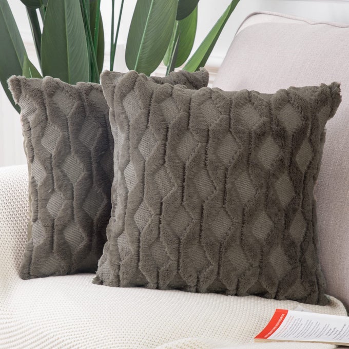 SET OF 2 SOFT PLUSH SHORT WOOL VELVET DECORATIVE THROW PILLOW COVERS 24X24 INCH DARK TAUPE SQUARE LUXURY STYLE CUSHION CASES EUROPEAN PILLOW SHELL FOR SOFA BEDROOM