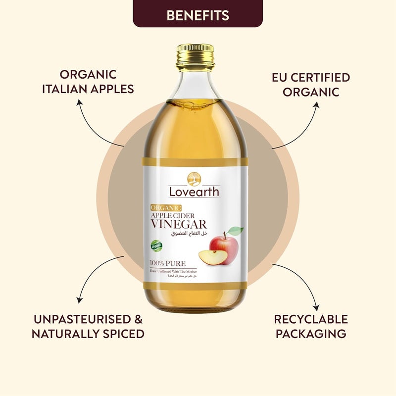 LoveArth Organic Apple Cider Vinegar with Mother 500ml | Raw, Unfiltered, Unpasteurised | Made from Organic Italian Apples | Gut-Friendly & Detox Support - Image 1