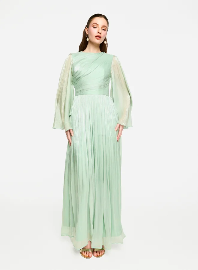 House of Moda House of Moda Sheer Cape Sleeves Shimmer Pleated Maxi Dress