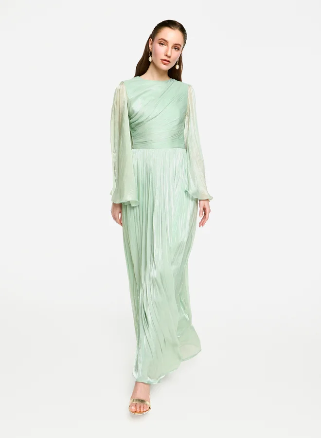 House of Moda House of Moda Sheer Cape Sleeves Shimmer Pleated Maxi Dress