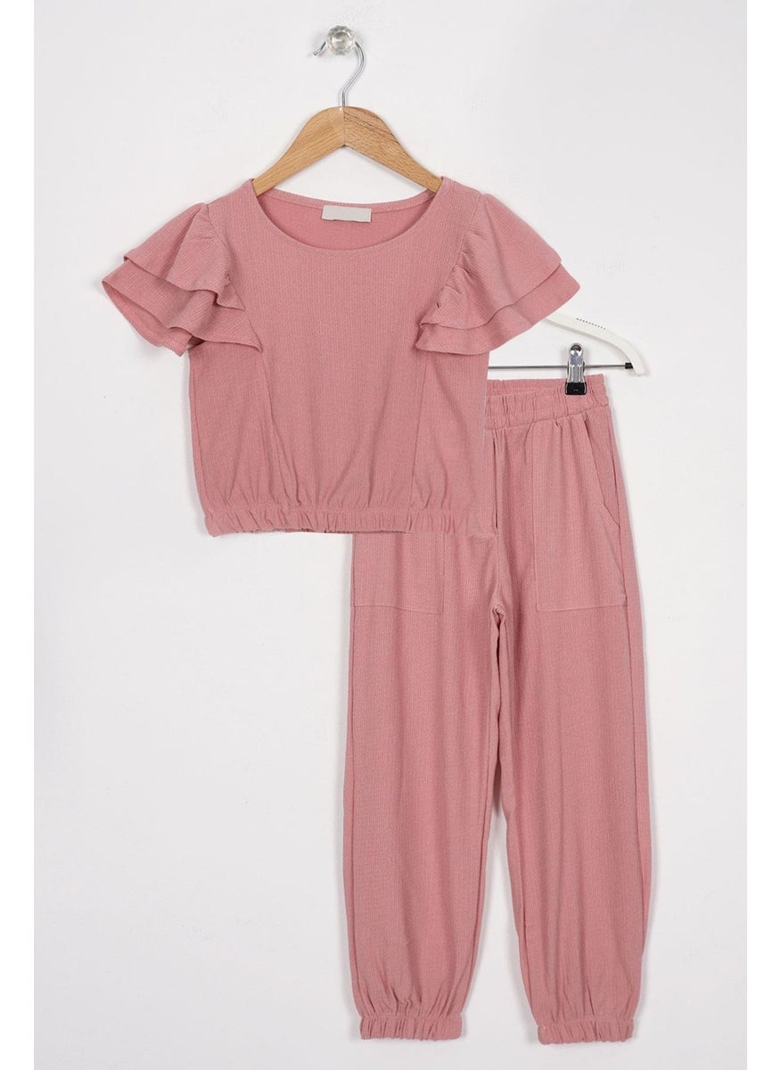 WEWE Crew Neck Ruffle Sleeves Frilled Sleeve Edges Elastic Waist Legs Dusty Rose Color Girl's Two Piece Set  - Image 1