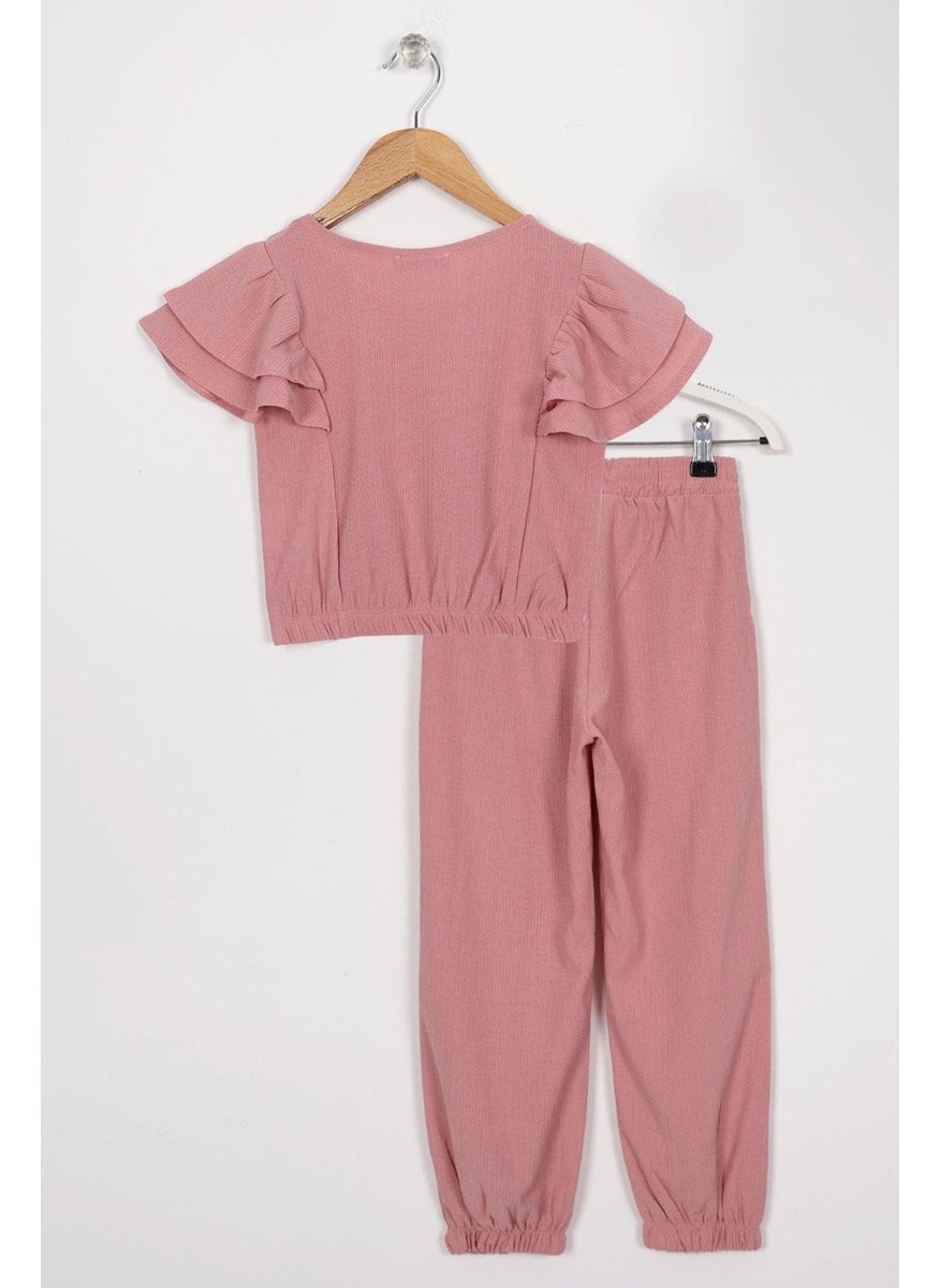 WEWE Crew Neck Ruffle Sleeves Frilled Sleeve Edges Elastic Waist Legs Dusty Rose Color Girl's Two Piece Set  - Image 3