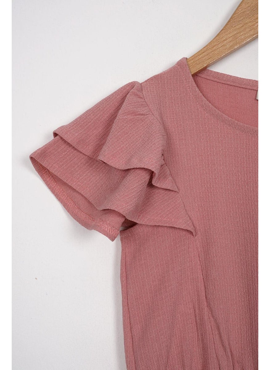 WEWE Crew Neck Ruffle Sleeves Frilled Sleeve Edges Elastic Waist Legs Dusty Rose Color Girl's Two Piece Set  - Image 2