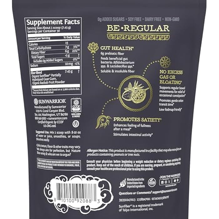 Sunwarrior Fiber Supplement Prebiotic Organic | Vegan Fiber Supplement Plant-Powered Gut Health Booster with Pure Ingredients for Digestive Harmony | Vegan & Non-GMO | 8oz Pouch (30 SRV) Be Well by Sunwarrior - Image 2