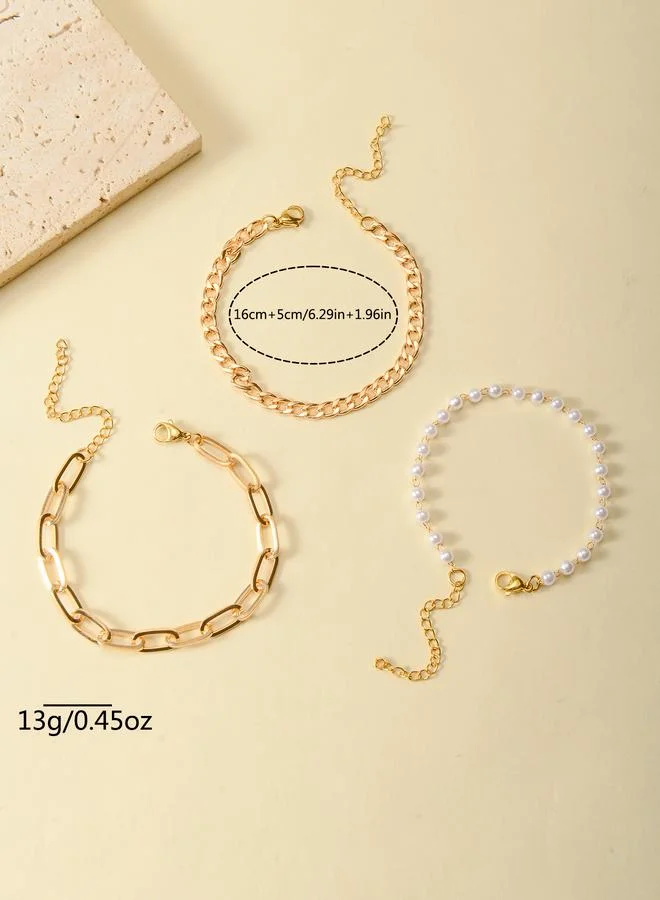 Take Two Pack of 3 - Gold Tone and Pearls Embellished Chain Bracelets