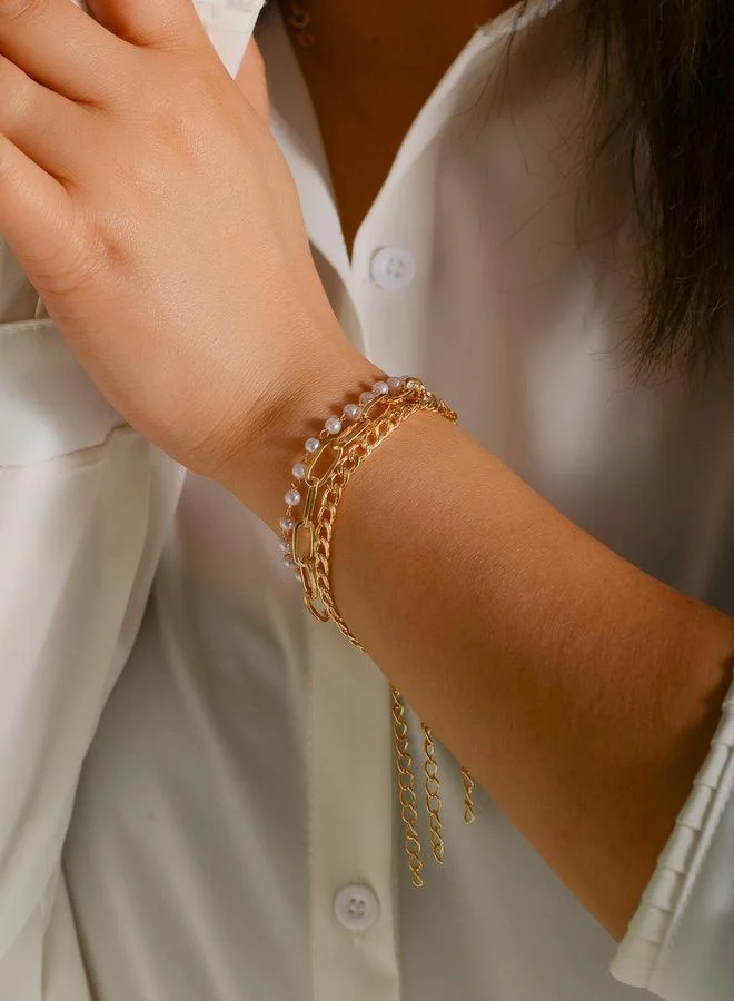 Take Two Pack of 3 - Gold Tone and Pearls Embellished Chain Bracelets