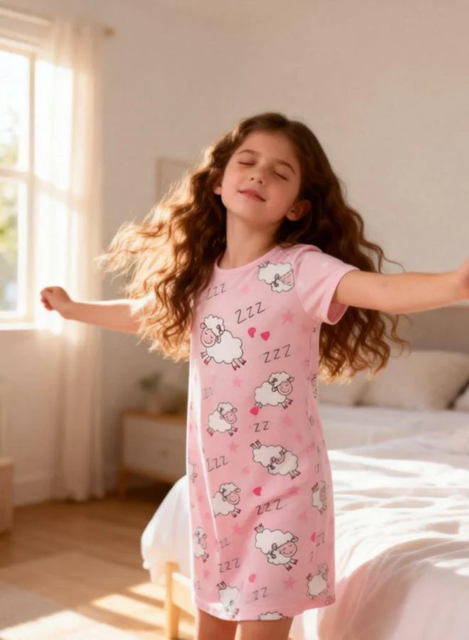 Take Two Girls Pink Sheep Print Short Sleeve Nightdress