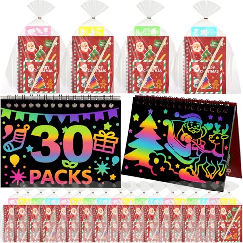 Feifeiya 30 Pack Christmas Scratch Art Party Favors for Kids Rainbow Notebook Birthday Goodie Bags Stuffers Kit Girls Boys Art Craft Pad for Christmas Gifts Classroom Prizes Teacher Supplies - Image 1