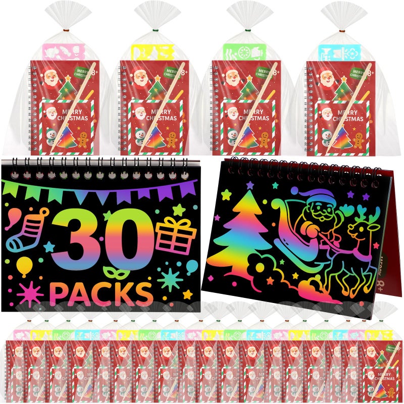 Feifeiya 30 Pack Christmas Scratch Art Party Favors for Kids Rainbow Notebook Birthday Goodie Bags Stuffers Kit Girls Boys Art Craft Pad for Christmas Gifts Classroom Prizes Teacher Supplies - Image 3