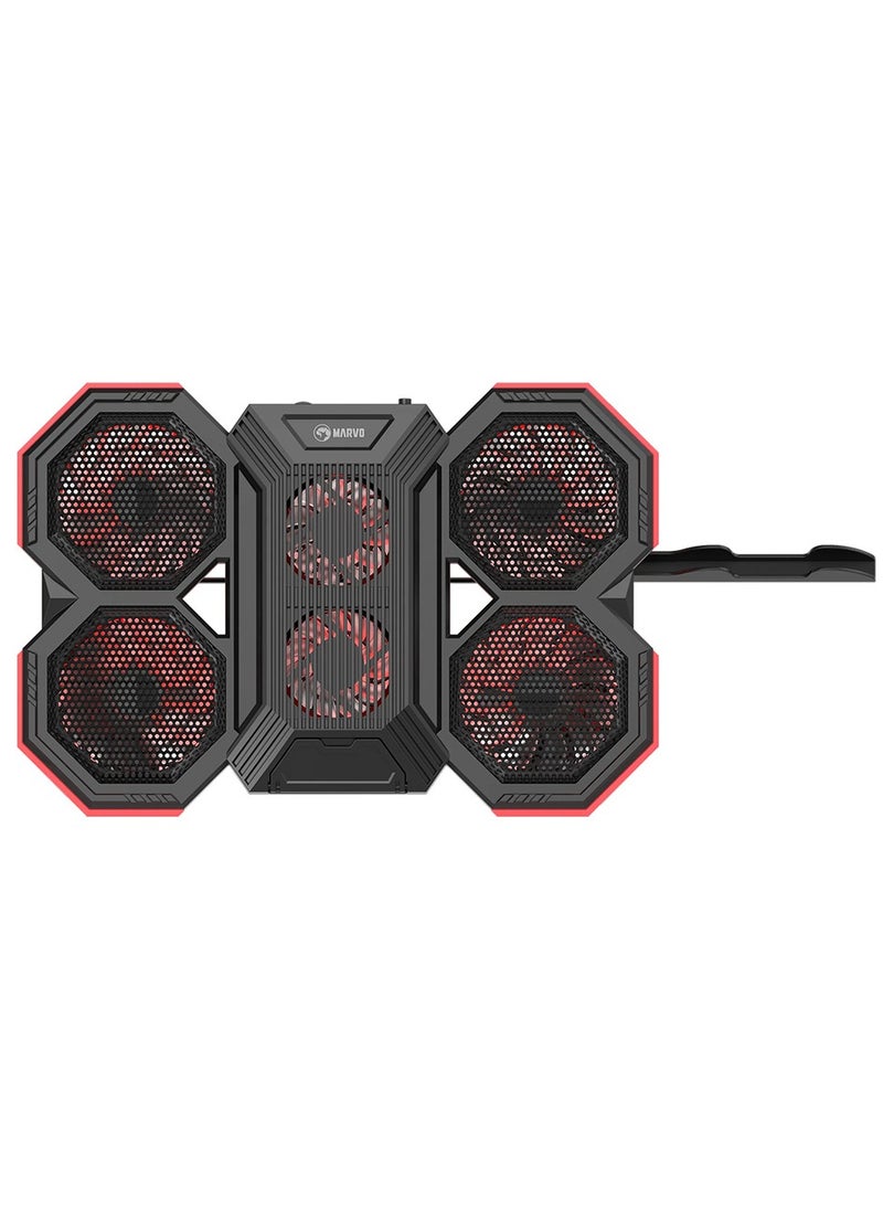 Marvo - laptop cooling fan, drone shape, supports up to 17.3 inches, LED lighting, Extra mobile phone Holder to Release the Table Space black, FN-41 - Image 1