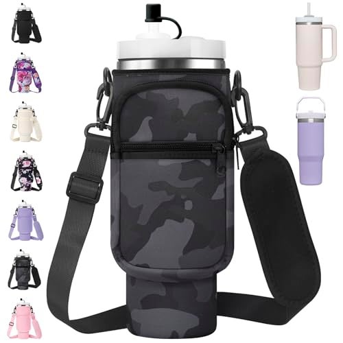 AceTreker 40/30 oz Stanley Cup Holder Bag with Removable Strap & 2 Pockets, Neoprene Insulated Travel Tumbler Pouch with Straw Cover for Simple Modern with Handle-Black Camo - Image 1