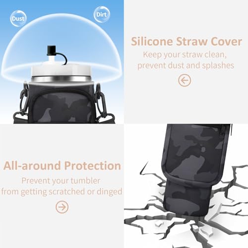 AceTreker 40/30 oz Stanley Cup Holder Bag with Removable Strap & 2 Pockets, Neoprene Insulated Travel Tumbler Pouch with Straw Cover for Simple Modern with Handle-Black Camo - Image 5
