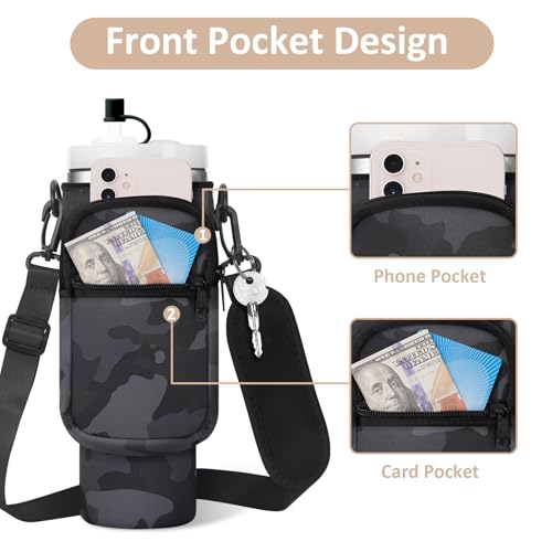 AceTreker 40/30 oz Stanley Cup Holder Bag with Removable Strap & 2 Pockets, Neoprene Insulated Travel Tumbler Pouch with Straw Cover for Simple Modern with Handle-Black Camo - Image 4