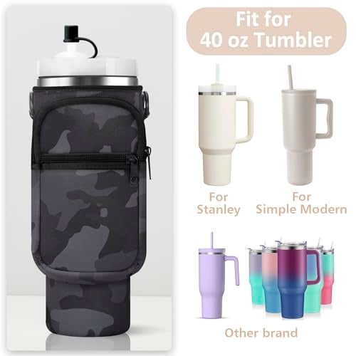 AceTreker 40/30 oz Stanley Cup Holder Bag with Removable Strap & 2 Pockets, Neoprene Insulated Travel Tumbler Pouch with Straw Cover for Simple Modern with Handle-Black Camo - Image 2