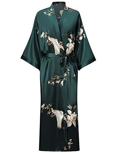 V Vaborous Women's Floral Print Green Satin Robe, Large-X-Large, Calf Length, Kimono Collar, V-Neck, Loose Fit, Machine Wash, Adult, Wedding, Floral, Housecoat Robe - Image 1