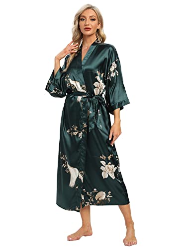 V Vaborous Women's Floral Print Green Satin Robe, Large-X-Large, Calf Length, Kimono Collar, V-Neck, Loose Fit, Machine Wash, Adult, Wedding, Floral, Housecoat Robe - Image 3