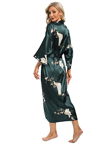 V Vaborous Women's Floral Print Green Satin Robe, Large-X-Large, Calf Length, Kimono Collar, V-Neck, Loose Fit, Machine Wash, Adult, Wedding, Floral, Housecoat Robe - Image 5