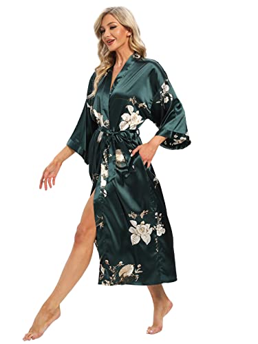 V Vaborous Women's Floral Print Green Satin Robe, Large-X-Large, Calf Length, Kimono Collar, V-Neck, Loose Fit, Machine Wash, Adult, Wedding, Floral, Housecoat Robe - Image 4