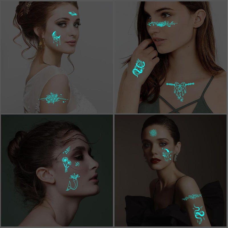 Konsait 10 Sheets Glow in the Dark Tattoos  Blue Temporary Face Tattoos for Women Girls  Kids  Luminous Body Make Up  Snake Butterfly Flower Designs - Image 5