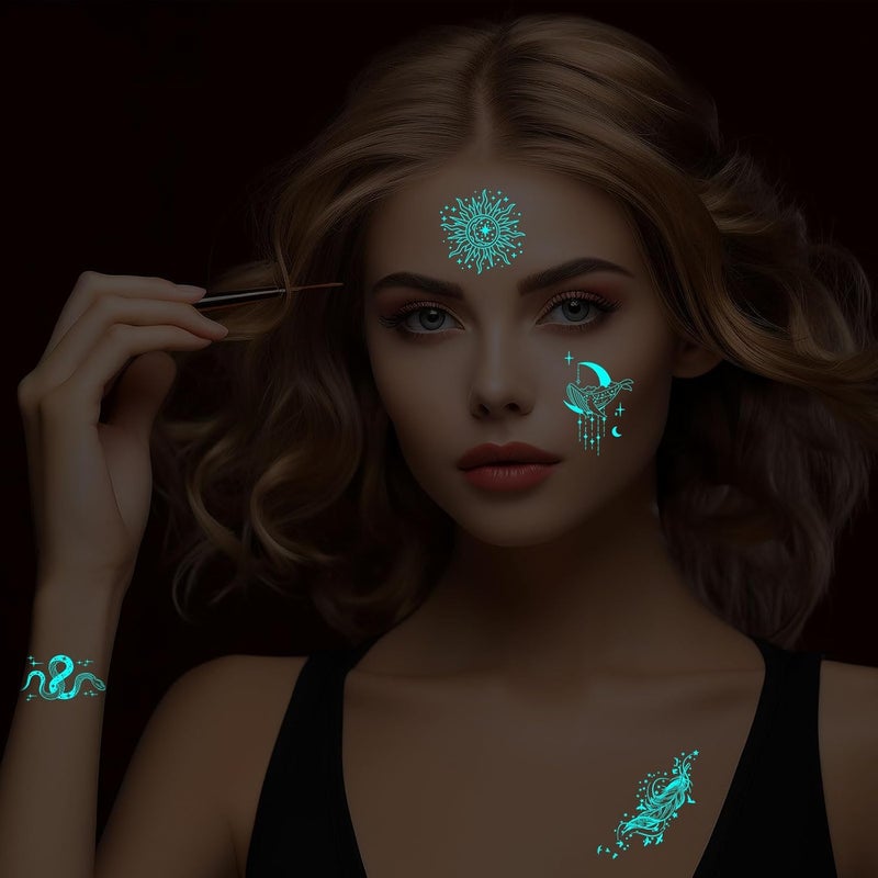 Konsait 10 Sheets Glow in the Dark Tattoos  Blue Temporary Face Tattoos for Women Girls  Kids  Luminous Body Make Up  Snake Butterfly Flower Designs - Image 4