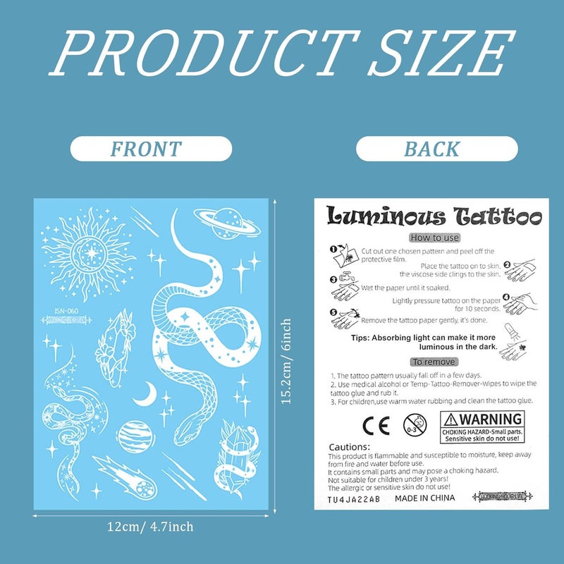 Konsait 10 Sheets Glow in the Dark Tattoos  Blue Temporary Face Tattoos for Women Girls  Kids  Luminous Body Make Up  Snake Butterfly Flower Designs - Image 2