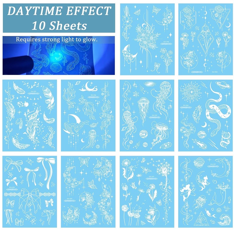 Konsait 10 Sheets Glow in the Dark Tattoos  Blue Temporary Face Tattoos for Women Girls  Kids  Luminous Body Make Up  Snake Butterfly Flower Designs - Image 3