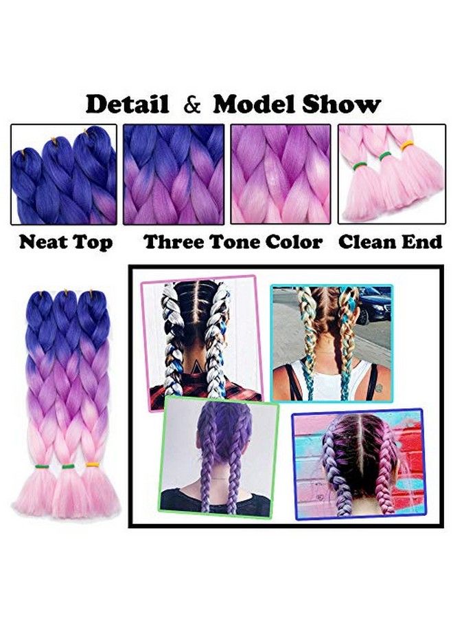 S-noilite 24 Inch Ombre Jumbo Braiding Hair Extensions Jumbo Braid Hair Ombre Long Jumbo Braids For Box Twist Braid Hair High Temperature Fiber 3 Tone Colored ( 3 Bundles Dark Pink to Lake Blue ) - Image 4