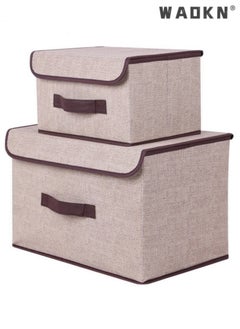 WAOKN 2 PCS Small Large Size Fabric Storage Boxes,Closet Storage Organizers for Clothes，Wardrobe Storage Bins with Lids Washable Large  Capacity Storage Boxes for Organizing Wardrobe Beige  - Image 1