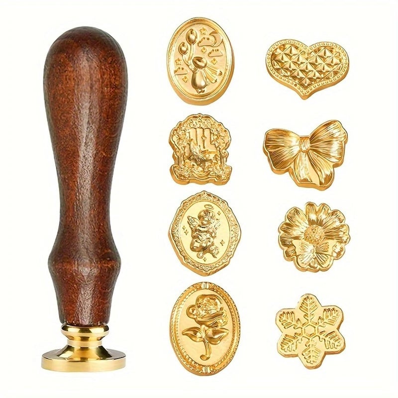 piercing 8pcs Wax Seal Stamp, Wax Seal Stamp Kit, Embossing Stamp 8 Head Set Rose Tulip Butterfly Alloy Wood Handle for Invitations Crafts Gift - Image 1