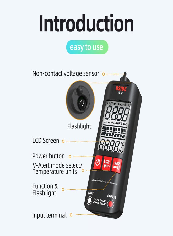 BSIDE A1 Mini Multimeter LCD Digital Tester Voltage Detector 2000 Counts DC/AC Voltage Frequency Resistance NCV Continuity Live Wire Neutral Wire Check True RMS Meter with Storage Zipper Case - Image 3