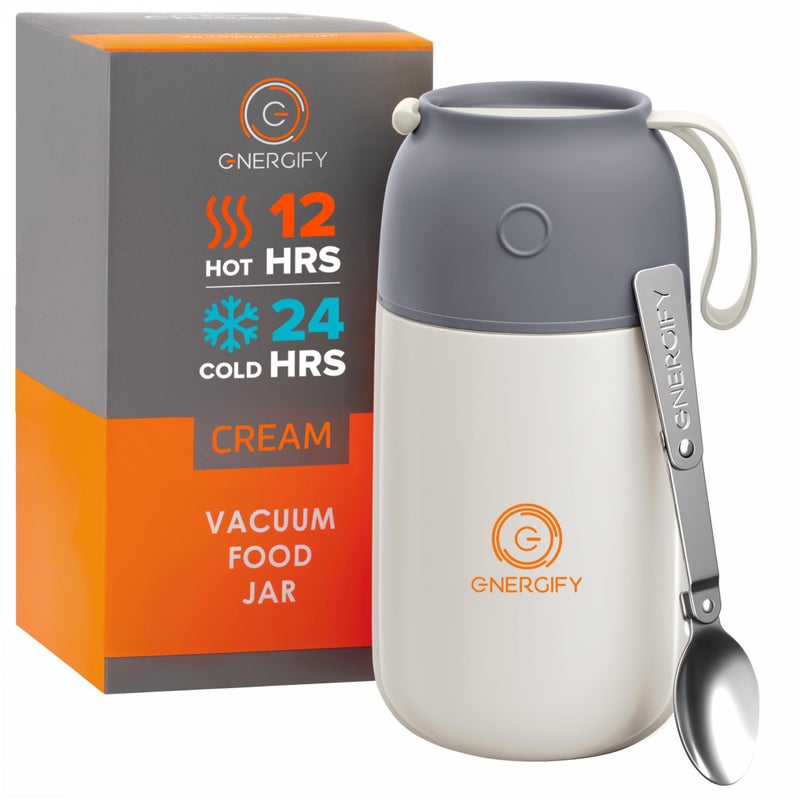 ENERGIFY Vacuum Insulated Food Jar. Large 24oz Bowl incl. Folding Spoon, Cup. Wide Mouth Keep Hot & Cold Drinks Soup Lunch Container for Adults. BPA-Free Stainless Steel, Leak Proof Black Matte - Image 1